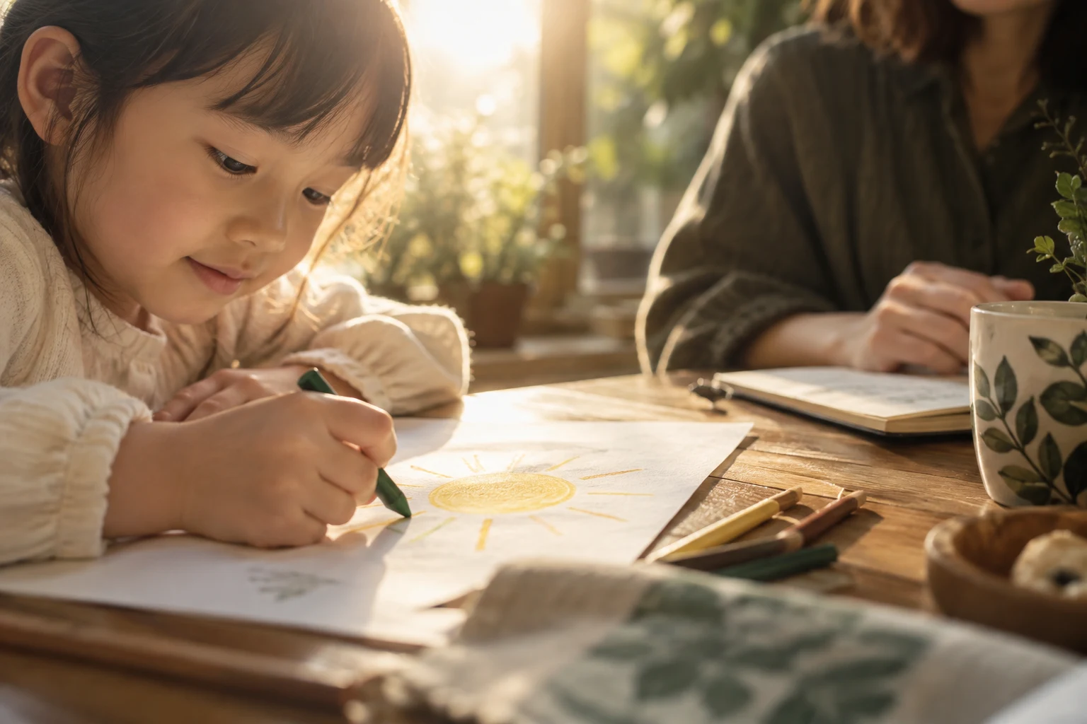 絵を描く親子の手元
