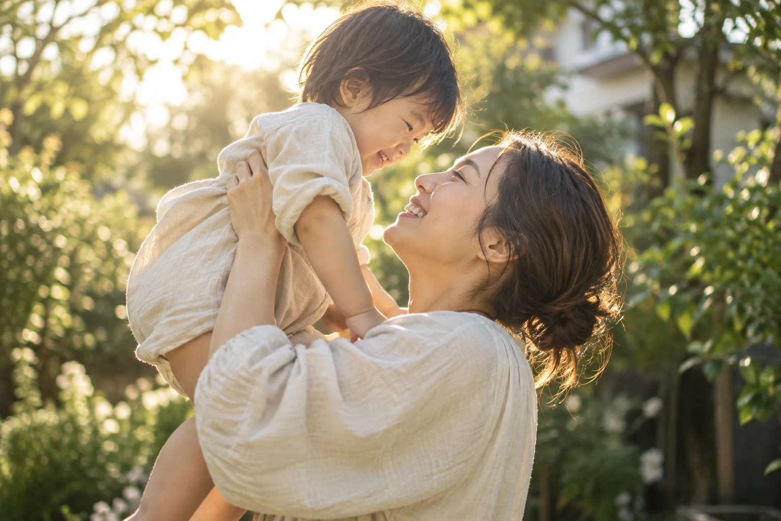 陽光の中で笑顔を交わす親子