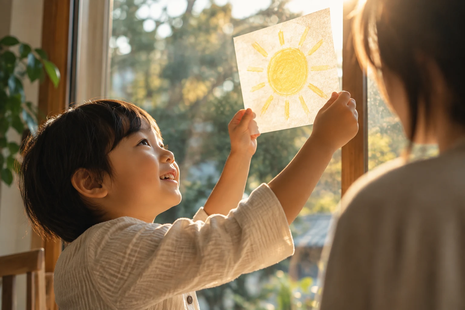 太陽を描いた紙を光にかざす子ども