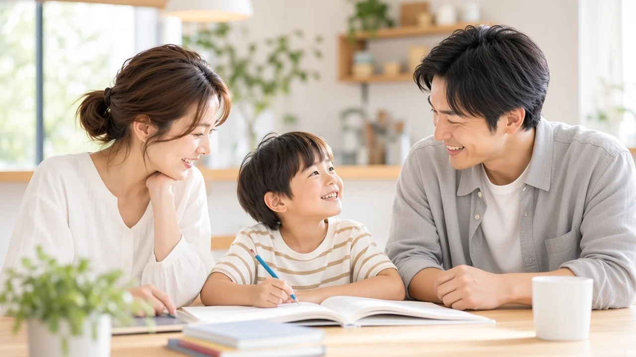 テーブルを囲む両親と、ワークブックに取り組む男の子